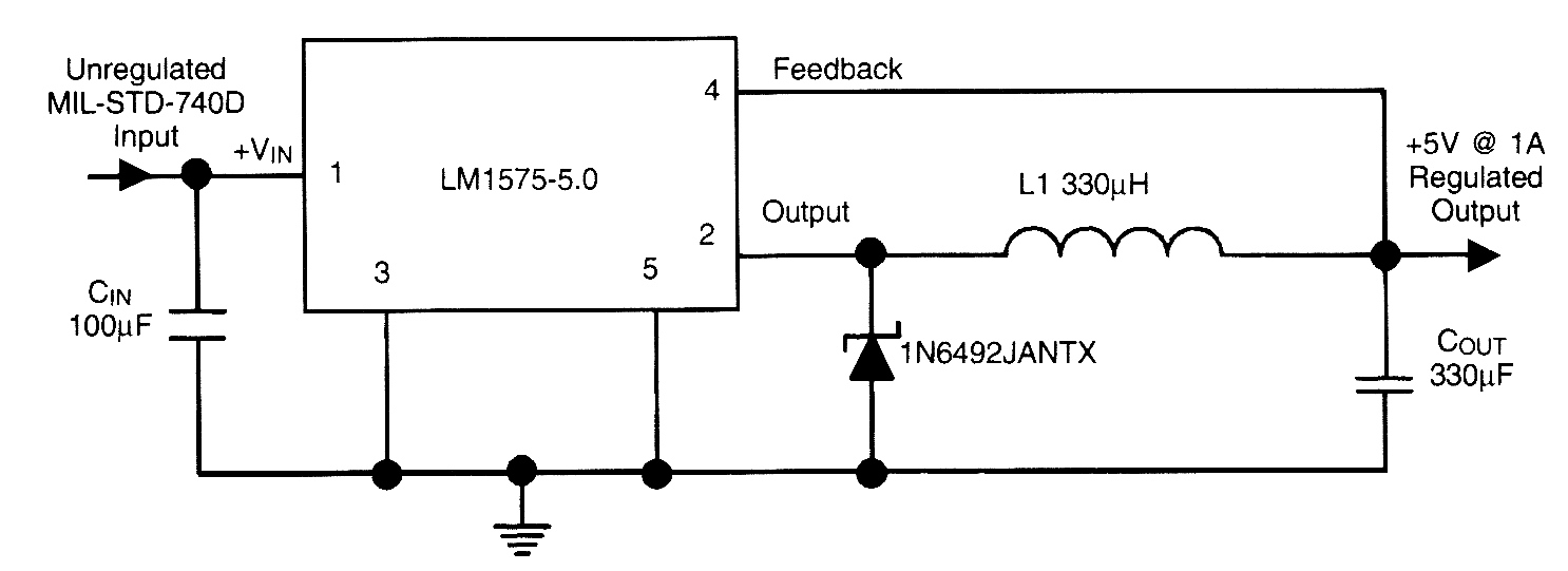 美国国家半导体公司生产的LM1575-5.0允许一个非常简单的开关稳压器带有80％的效率,它作为一个从28V上的5V电压和1A总线来运行。