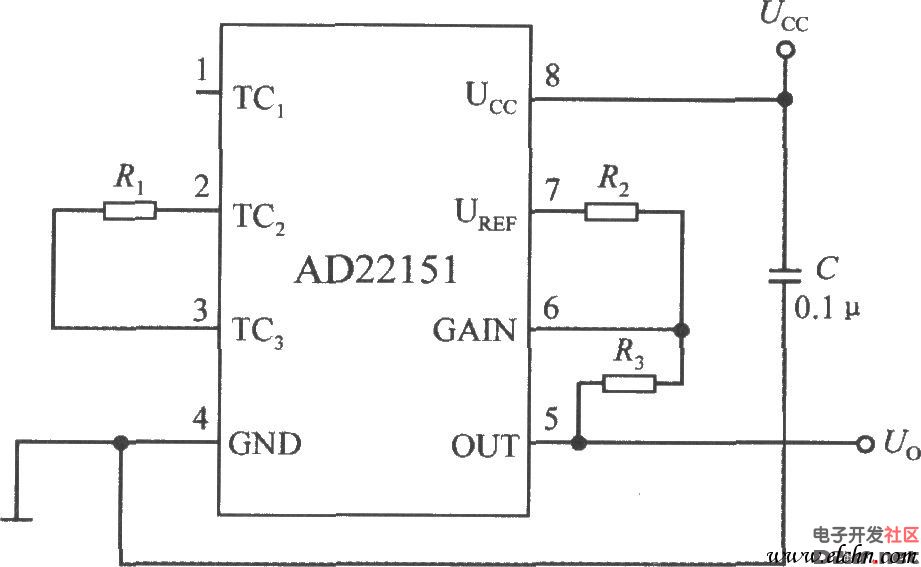  线性输出的集成磁场传感器AD22151构成的双极性模式下的温度补偿电路图