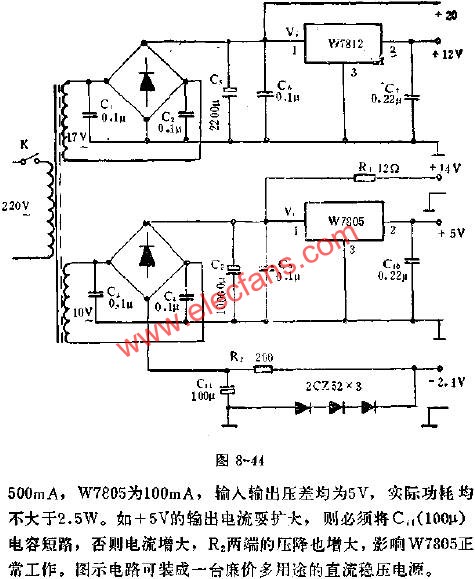 W7805、W7812集成稳压器组成的多用途稳压电流应用线路图  