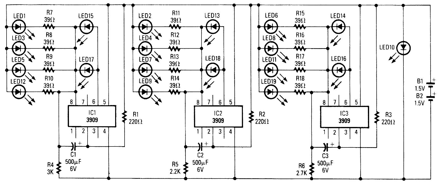 使用LM3909 LED闪光/振荡器的三个独立的闪光电路产生一个伪随机触发顺序。C1/R4, C2/R5和C3/R6的连接控制闪烁率，这是在0.3和0.8秒之间，标准电解电容固有的公差范围(-20%到+80%)。