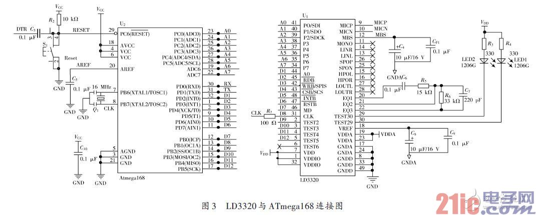 LD3320与ATmega168连接图