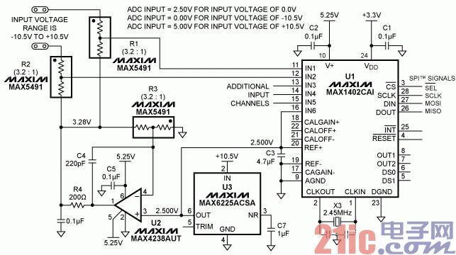图1. 本电路使输入范围为0V至5V (单端或差分)的ADC能够处理±10.5V的输入范围。