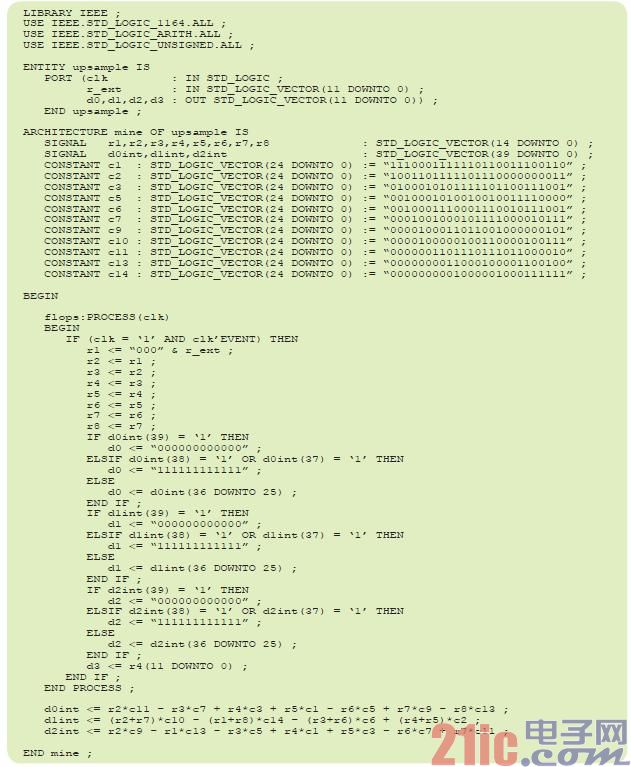 图5 - 该VHDL源代码使用单进程和25位定点系数实现图4的滤波器拓扑结构。