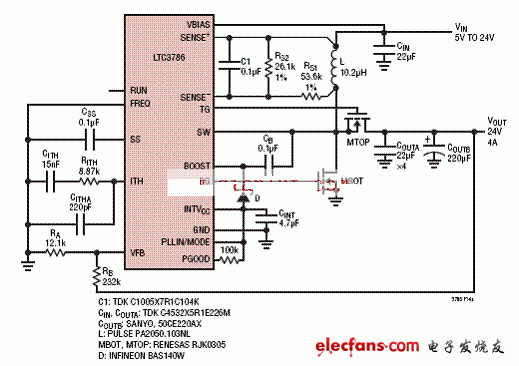 采用电感DCR电流检测的LTC3786升压转换器电路