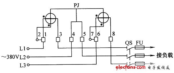 三相三线有功电能表直入式接线电路
