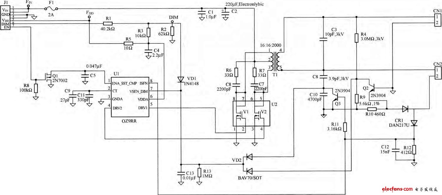 OZ9RR与推挽驱动电路构成的高压板电路