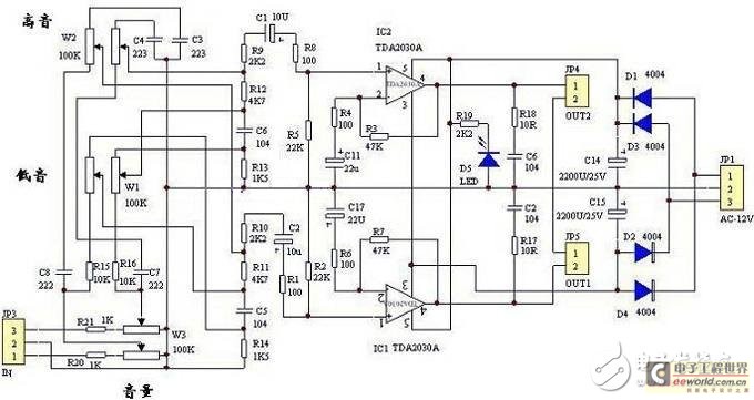 基于tda2030a功放的低音炮电路图