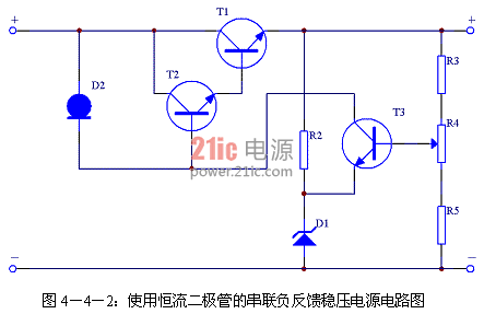 圖4－4－2：使用恒流二極管的串聯(lián)負(fù)反饋穩(wěn)壓電源電路圖