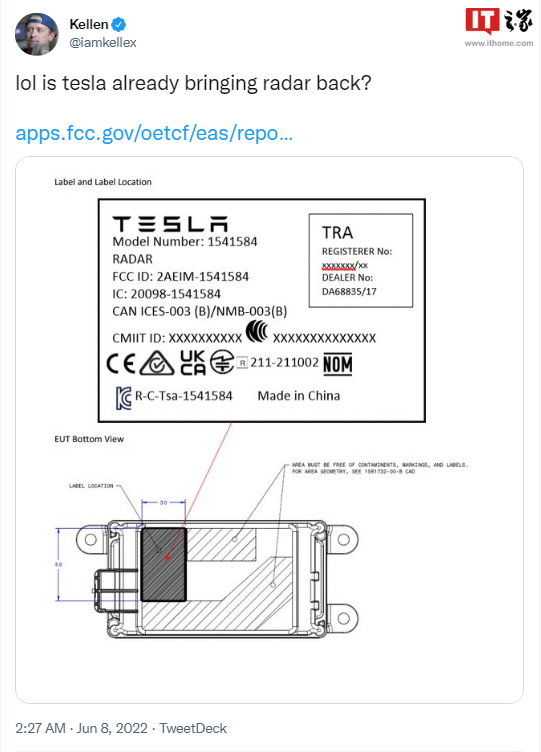 放弃“纯视觉”路线？特斯拉注册高分辨率雷达装置