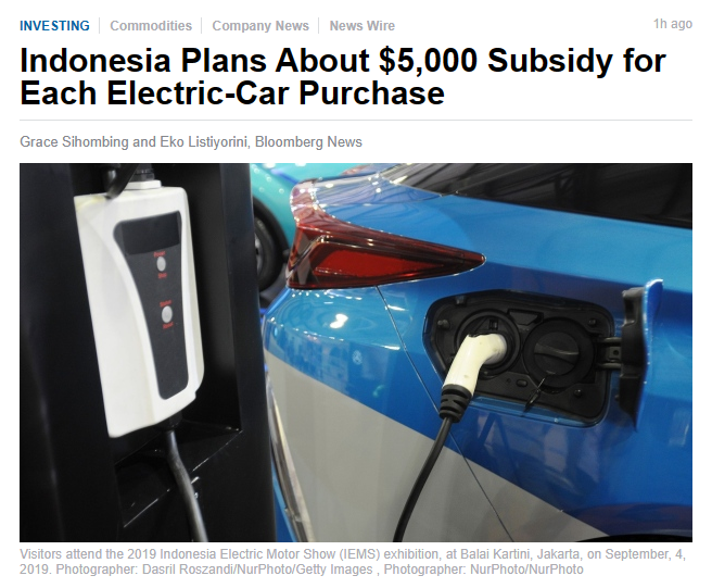 為鼓勵制造商投資，印尼擬為每輛電動汽車提供逾 5000 美元購車補貼