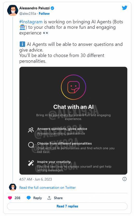 Instagram被曝将引入AI聊天机器人 拥有30种人物性格