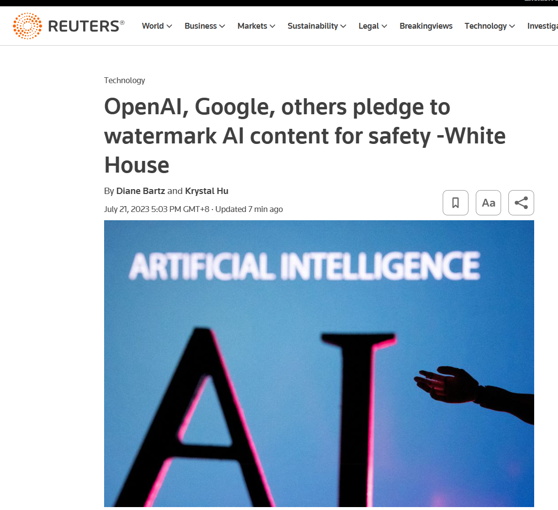 OpenAI、谷歌等七家 AI 头部企业承诺：将为人工智能内容添加水印，开放第三方审查
