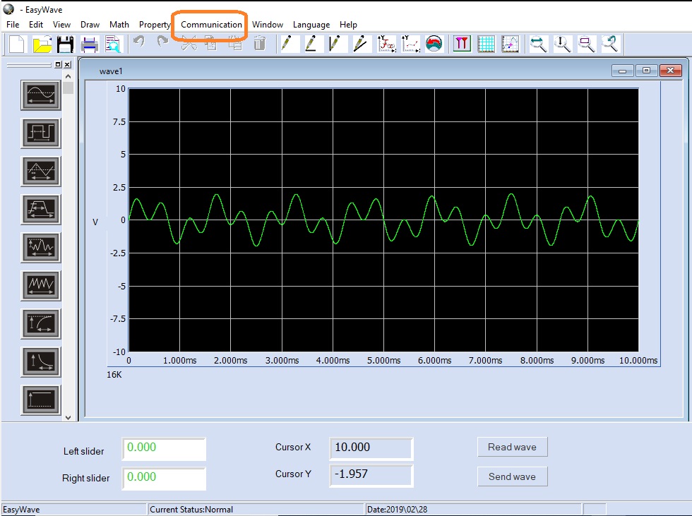 點擊Communication打開波形顯示框，選擇“Send wave”將波形下載到儀器