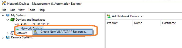 右键单击Network Devices，然后选择Create New VISA TCP / IP Resource