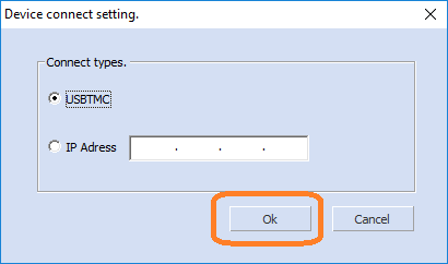 選擇連接類型（USB=USBTMC），然后點擊OK