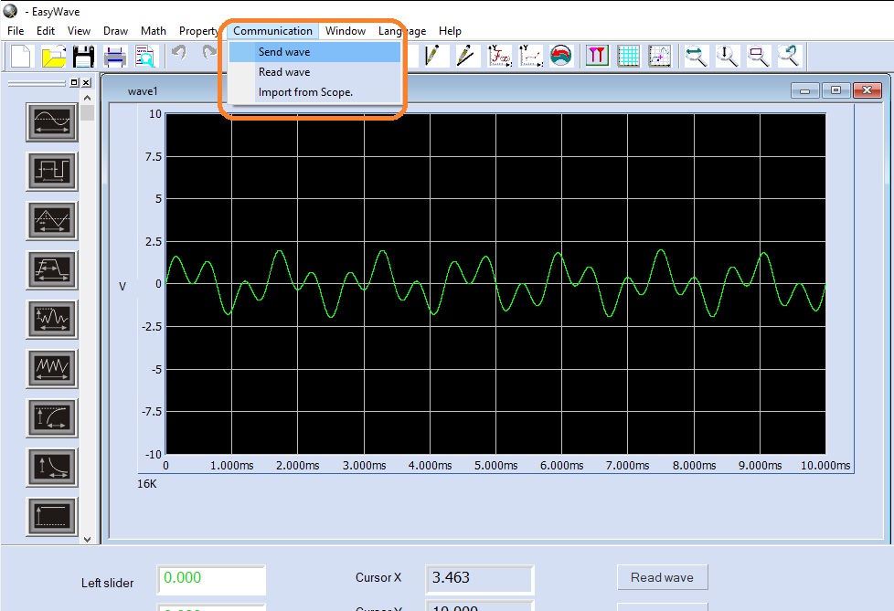 點擊Communication打開波形顯示框，選擇“Send wave”將波形下載到儀器