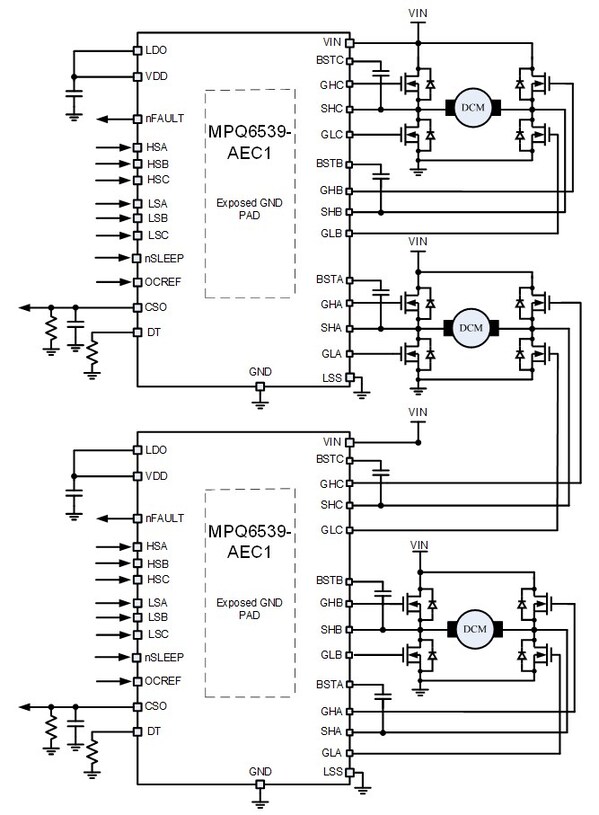 兩個(gè)MPQ6539-AEC1級(jí)聯(lián)驅(qū)動(dòng)三個(gè)BDC典型應(yīng)用圖
