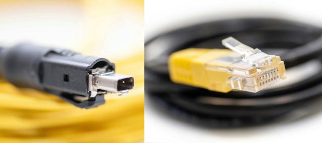 Connectors for SPE (right), RJ45 connectors for standard Ethernet (right) SPE連接器(右),標準以太網RJ45連接器(右)